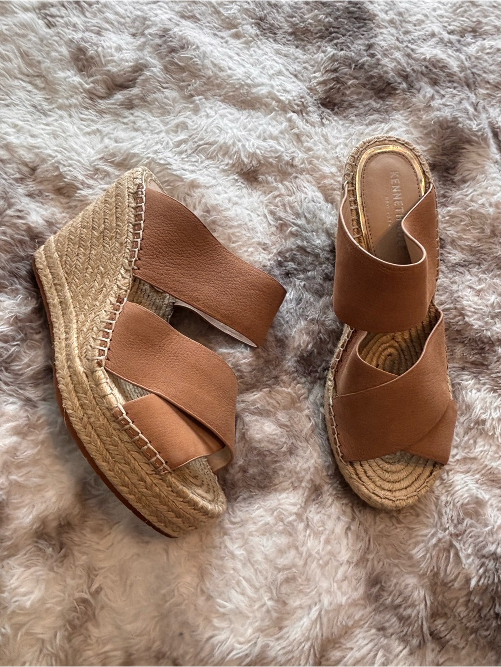 Kenneth Cole New York Cognac Brown Espadrille Wedge Slides